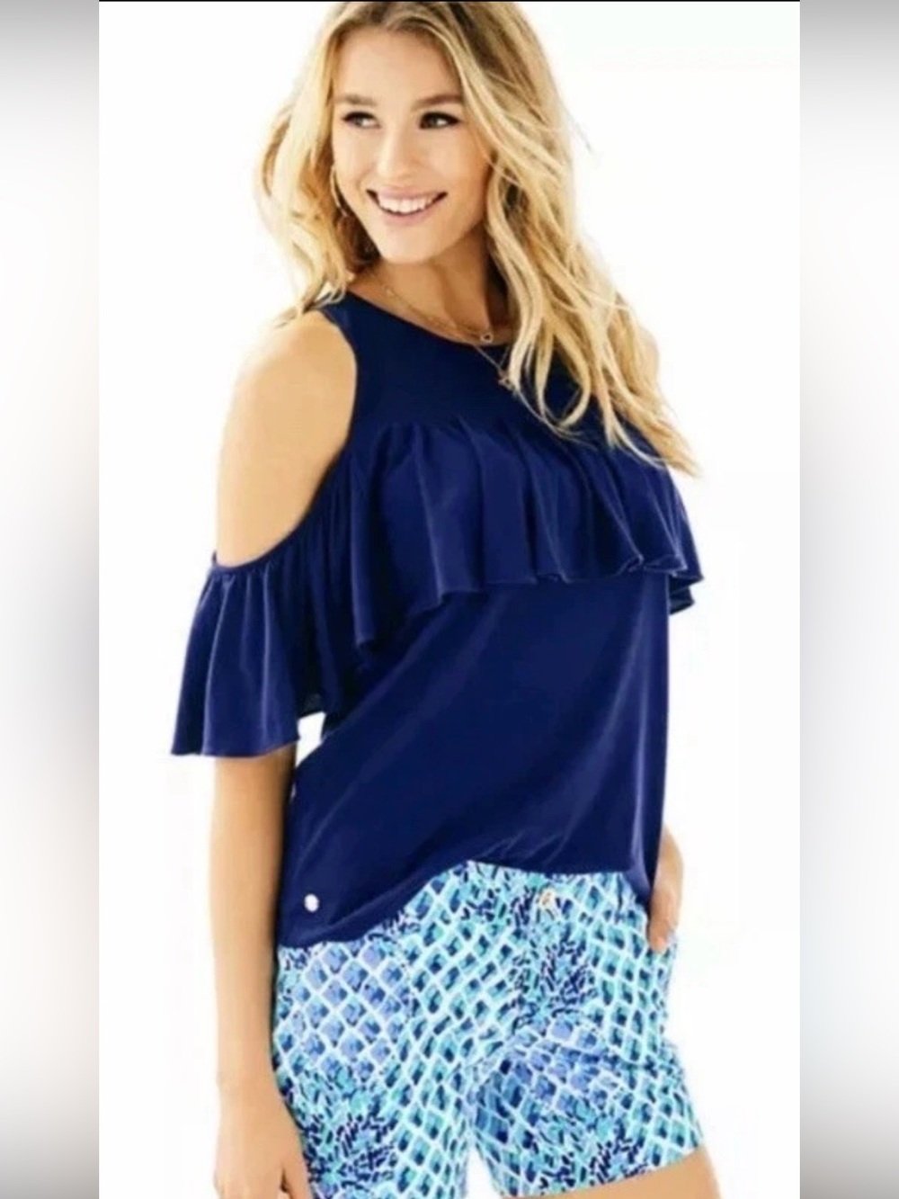 Lilly Pulitzer NWT High Tide Navy Scalloped Stripe Lace Lyra Top Size Medium